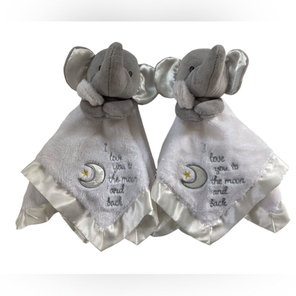 Set - 2 Baby Starters Elephant White Lovey Blankets Rattle Love You to Moon 13"